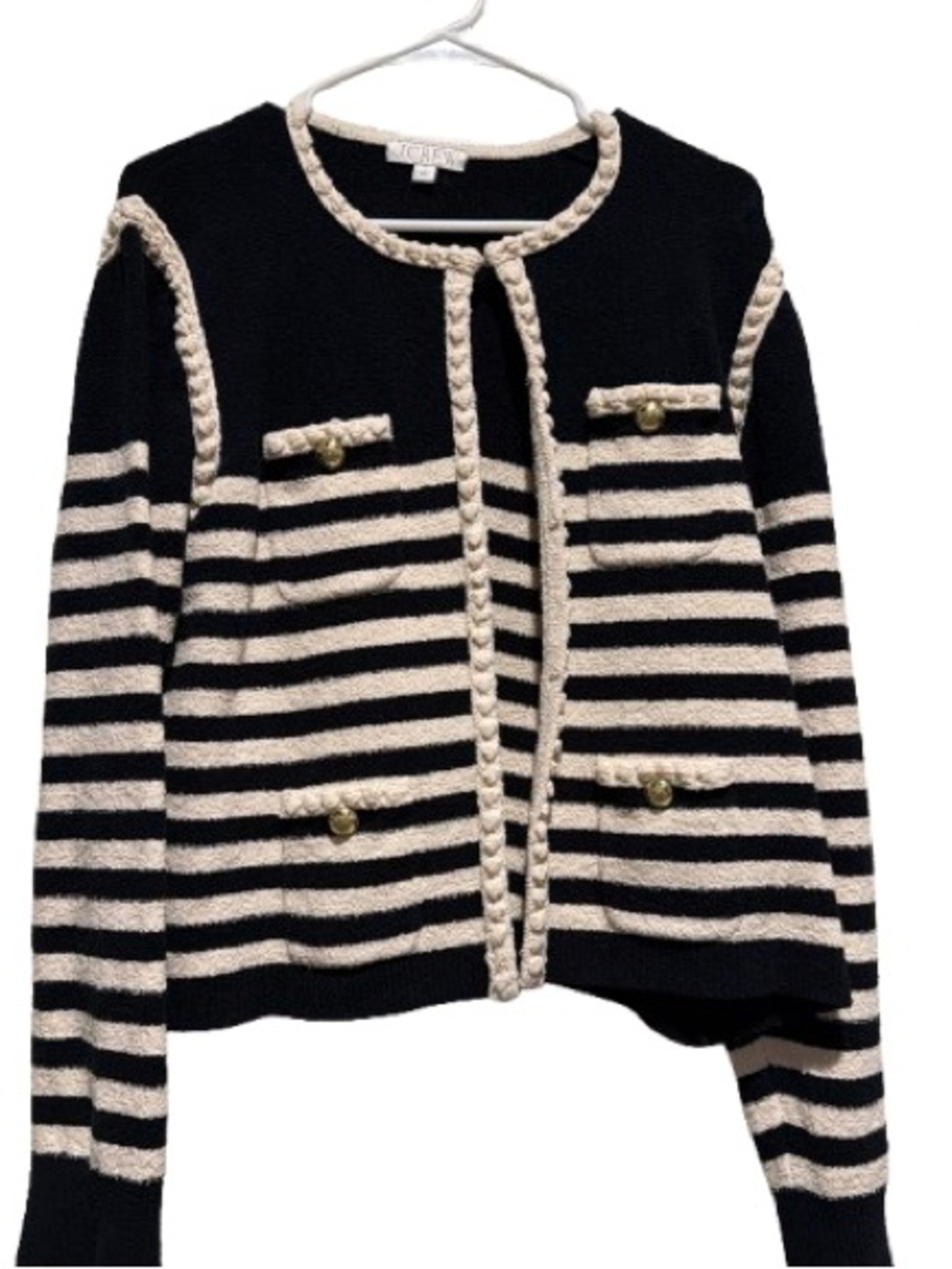 J. Crew Black and Cream Striped Cardigan with Braided Trim